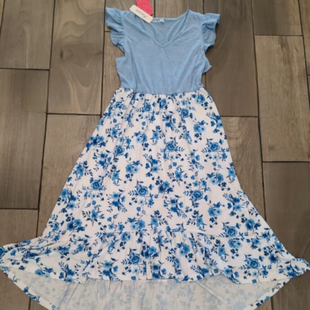 Women's blue and white Floral V neck Ruffled Dress Size Small